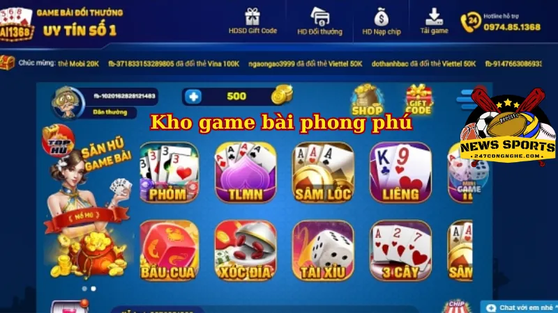 Kho game bài phong phú 